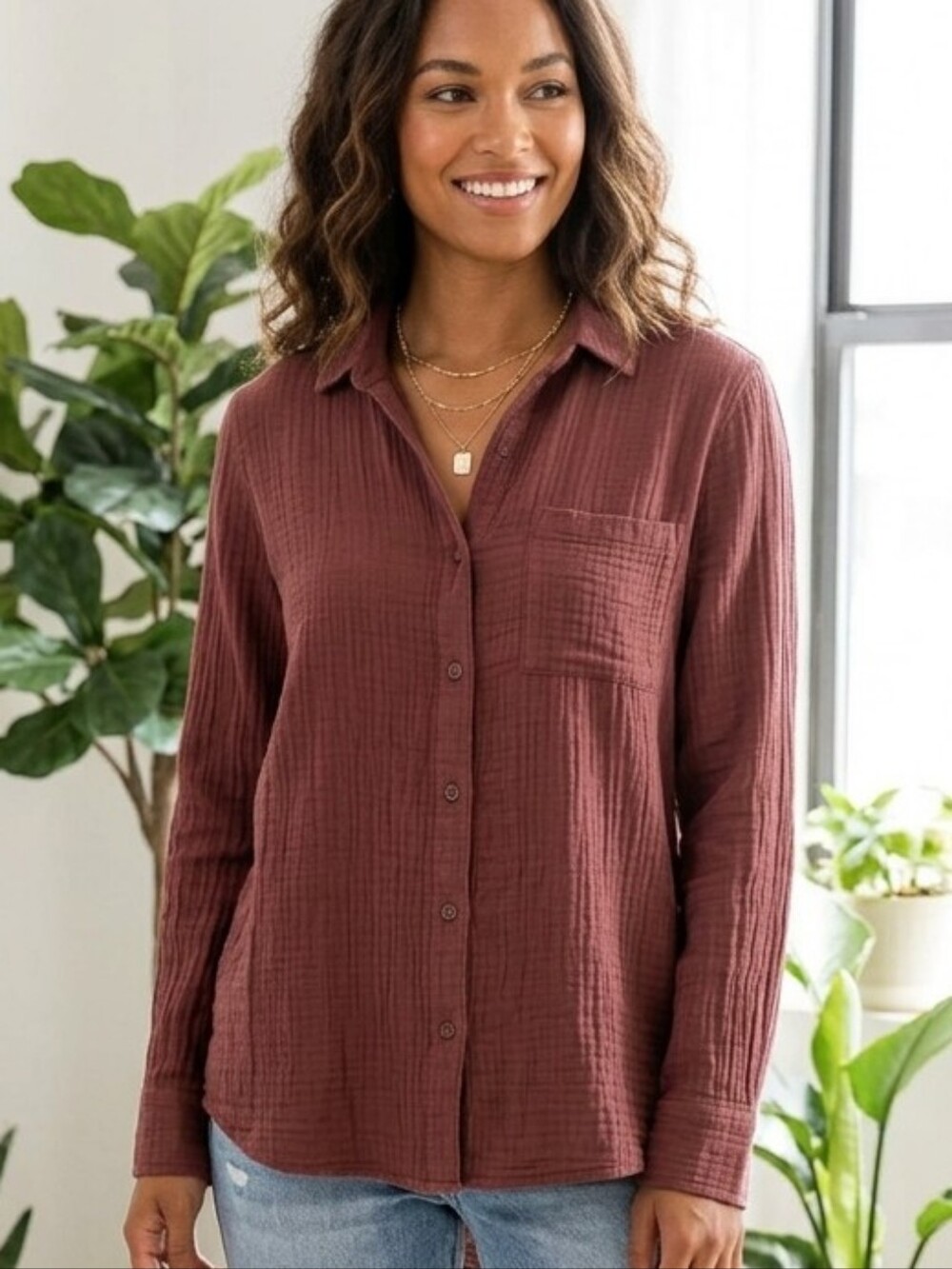 NWT Beach Lunch Lounge Gauze Button Down Shirt Medium Rust Brown High Low Top